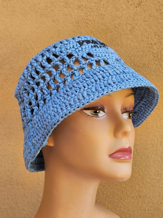 Prada Blue Crochet Logo Printed Bucket Hat S sz