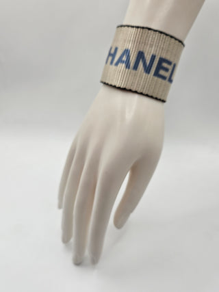 Chanel Grey Nylon 'CHANEL' Logo Print Wide Wrap Bracelet