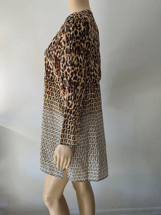 Fendi Brown Multicolor FF Logo Animal Print V-Neck blouse 40 sz