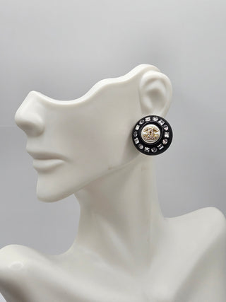 Chanel Black Resin Faux Pearl Crystal CC Stud Earrings