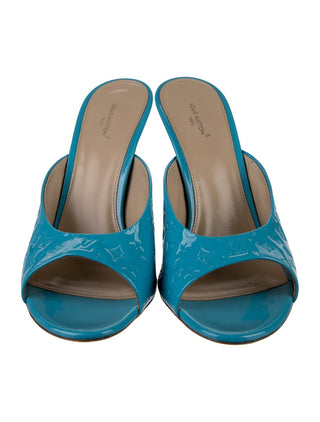 Louis Vuitton Blue LV Monogram Patent Leather Slides 40 sz