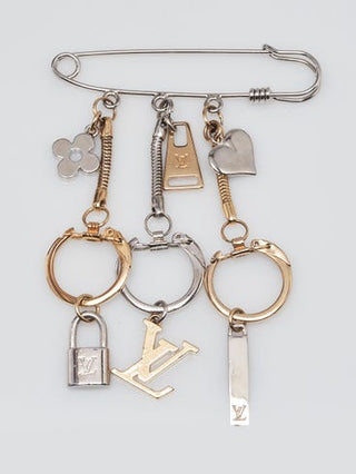 Louis Vuitton Goldtone and Silvertone Safety Pin LV Lock Heart Brooch