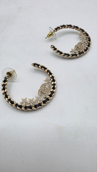 Chanel Gold-tone 2023 Strass Leather Interlocking CC Hoop Earrings