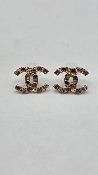 Chanel Gold-tone Pink Strass Interlocking CC Stud Earrings