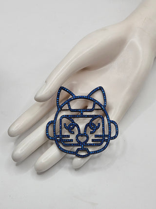 Chanel Silver-tone Blue Strass Interlocking CC Cat Brooch