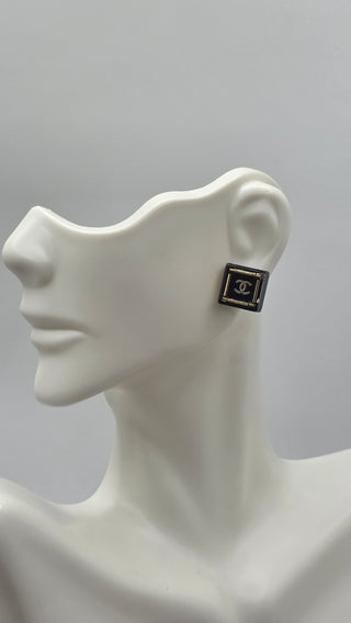 Chanel Gold-tone Black Resin Interlocking CC Stud Earrings