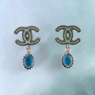 Chanel Silver-tone Blue Interlocking CC Beaded Drop Earrings