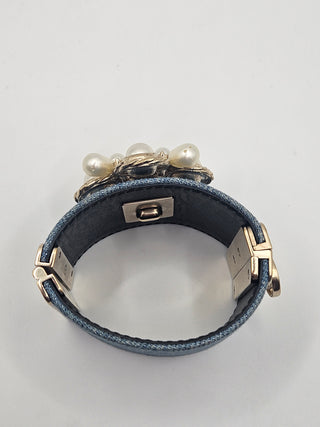 Chanel Faux Pearl Denim Gold-tone Interlocking CC Logo Bracelet