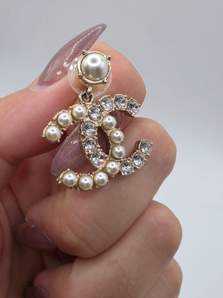 Chanel Gold-tone Faux Pearl Strass Interlocking CC Drop Earrings