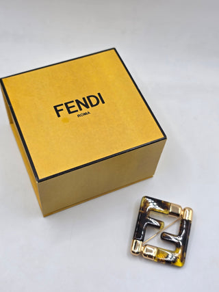 Fendi Gold-tone Resin Tortoiseshells FF Zucca Logo Pin Brooch