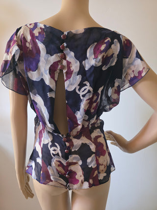 Chanel purple multicolor Interlocking CC Logo Silk blouse US 6