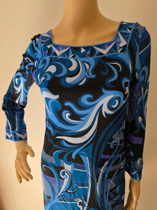 Emilio Pucci Blue Multicolor Signature Print Dress 6 sz