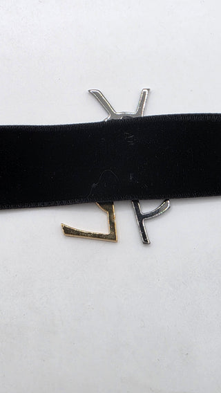 Yves Saint Laurent Black Velvet Crystal Two Tone YSL Metal Logo Choker Necklace