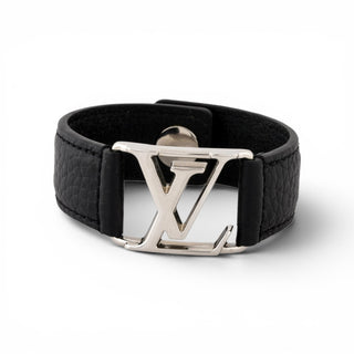 Louis Vuitton Silver-tone LV Logo Black Leather Hockenheim Bracelet