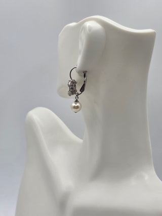 Chanel Silver-tone Faux Pearl Strass Interlocking CC Drop Earrings