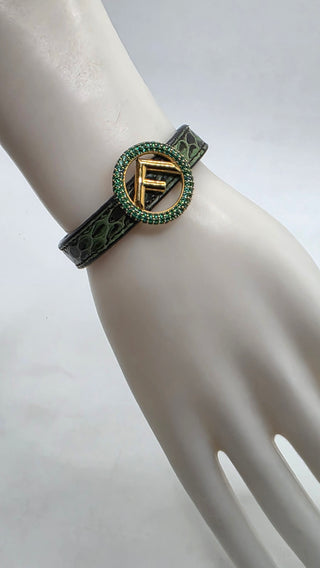Fendi Gold-tone Crystal Green Snake Skin FF Leather Wrap Bracelet