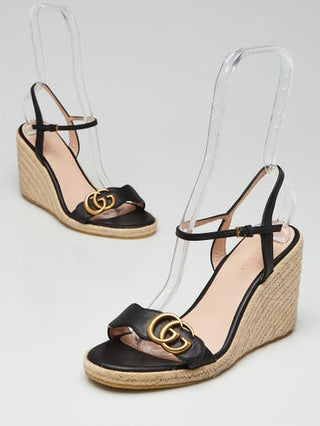 Gucci Black Leather GG Raffia Wedges 37 sz