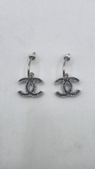 Chanel Silver-tone Black Enamel Glitter Interlocking CC Drop Earrings