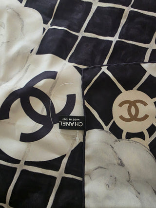 Chanel Black white silk Interlocking CC Logo Scarf