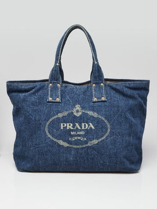 PRADA Blue Denim Logo Print Shopping Tote Bag