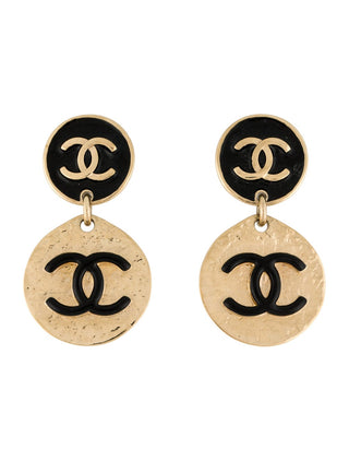 Chanel Gold-tone Black Interlocking CC Oversized Drop Earrings