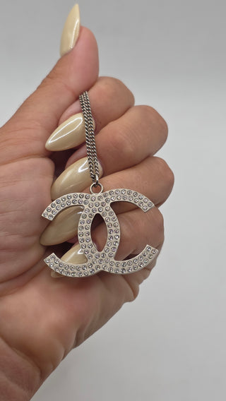 Chanel Silver-tone Strass Interlocking Oversized CC Pendant Necklace