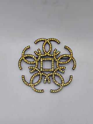 Chanel Black-tone Yellow Strass Interlocking CC Logo Brooch