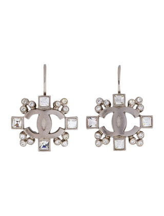 Chanel Silver-tone Interlocking CC Strass Drop Earrings