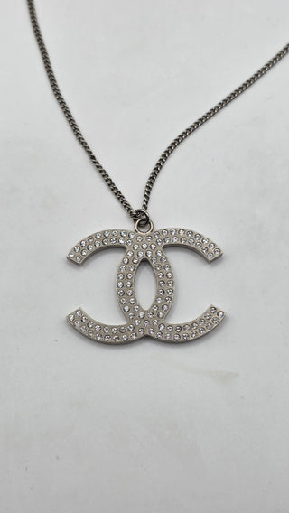 Chanel Silver-tone Strass Interlocking Oversized CC Pendant Necklace