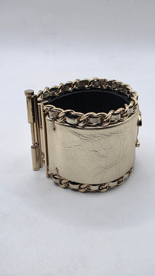 Chanel Gold-tone Leather Interlocking CC Wide Bracelet