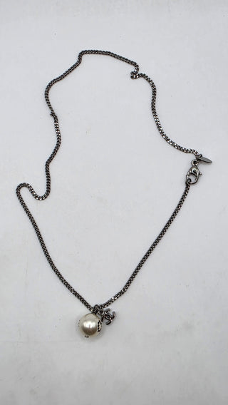 Chanel Silver-tone Faux Pearl Strass Interlocking CC Pendant Necklace