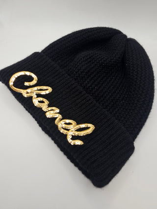 Chanel Gold-tone Sequin Logo Black Cashmere Sequin Beanie