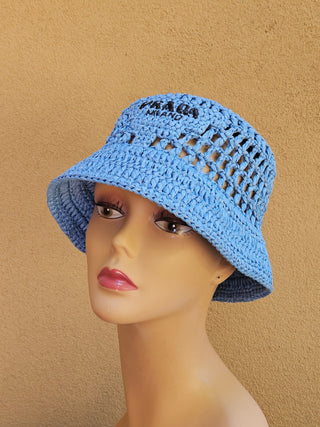 Prada Blue Crochet Logo Printed Bucket Hat S sz