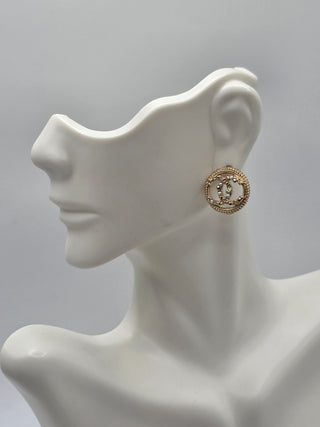 Chanel Gold-tone Faux Pearl Strass CC Stud Earrings