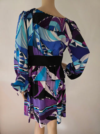 Emilio Pucci Blue purple multicolor signature print long-sleeved dress 6 sz