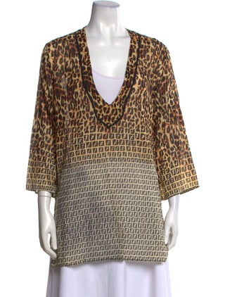 Fendi Brown Multicolor FF Logo Animal Print V-Neck blouse 40 sz