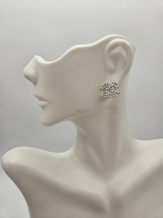 Chanel Silver-tone Strass Interlocking CC Stud Earrings