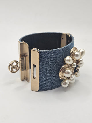 Chanel Faux Pearl Denim Gold-tone Interlocking CC Logo Bracelet