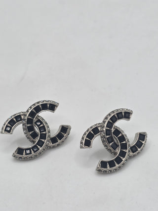 Chanel Silver-tone Interlocking CC Strass Stud Earrings