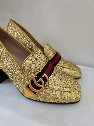 Gucci Gold Glitter Leather Peyton Marmont Mid-Heel Loafers 38.5 sz