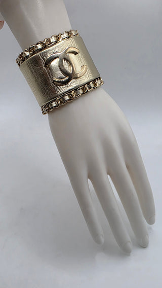 Chanel Gold-tone Leather Interlocking CC Wide Bracelet