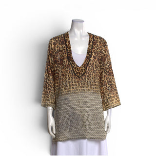 Fendi Brown Multicolor FF Logo Animal Print V-Neck blouse 40 sz