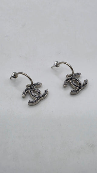 Chanel Silver-tone Black Enamel Glitter Interlocking CC Drop Earrings