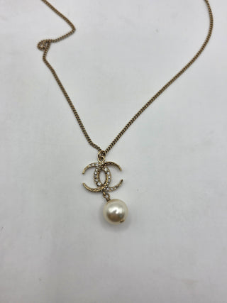 Chanel Gold-tone Faux Pearl  Strass CC Pendant Necklace