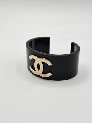 Chanel Black Resin Gold-tone Interlocking CC Wide Cuff Bracelet