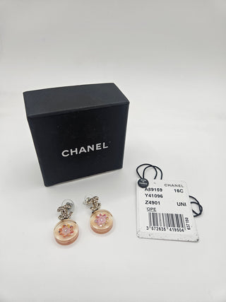 Chanel Gold-tone Strass Resin Interlocking CC Floral Drop Earrings