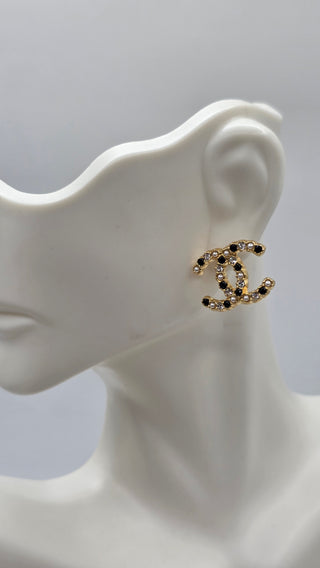 Chanel 2020 Faux Pearl Strass Interlocking CC Stud Earrings