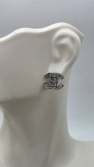 Chanel Silver-tone Interlocking CC Tweed Stud Earrings