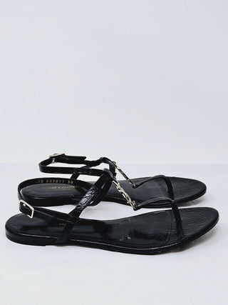 Sexy SAINT LAURENT Black leather Cassandra T-Strap Sandals 38 EU