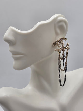 Chanel Gold-tone Strass Interlocking CC Chain Drop Earrings